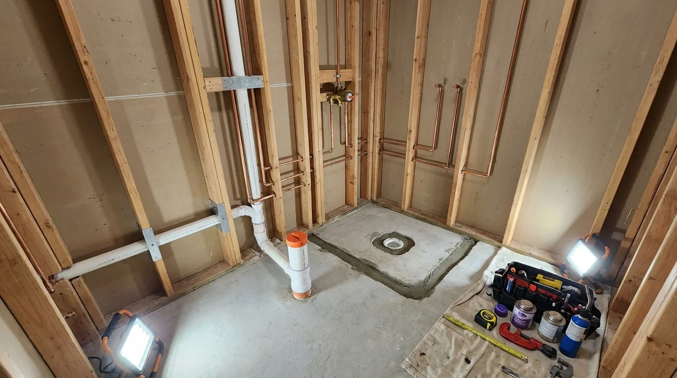 Bathroom rough-in plumbing during remodel by Johns Plumbing LLC in Unionville