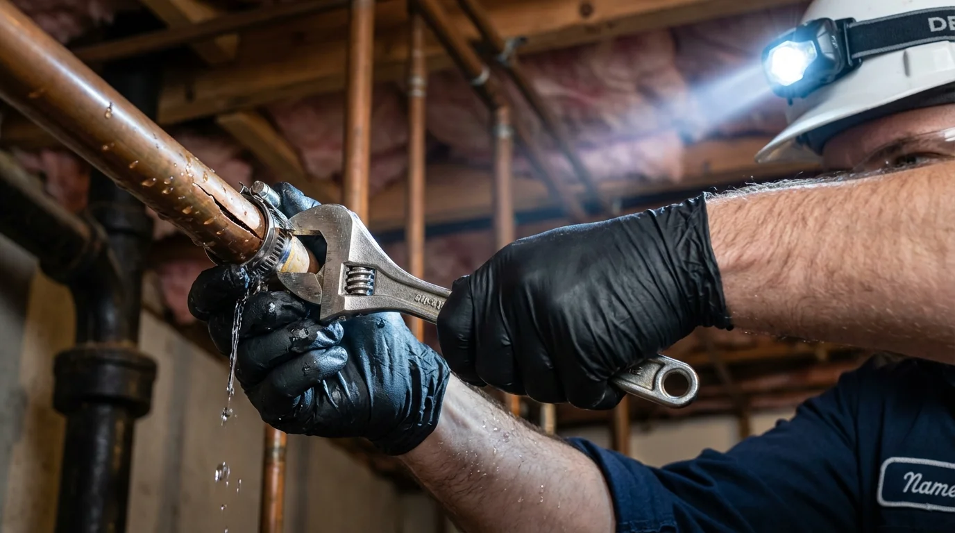 Emergency pipe clamp repair being performed by a Johns Plumbing LLC plumber in Unionville