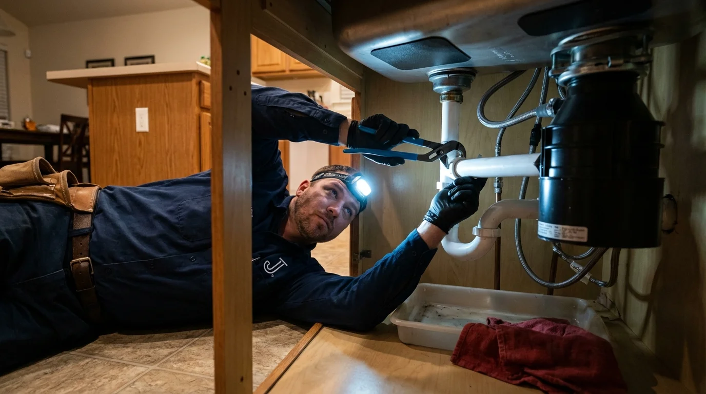 P-trap and supply line connections under a kitchen sink showing a common leak point in Unionville, TN
